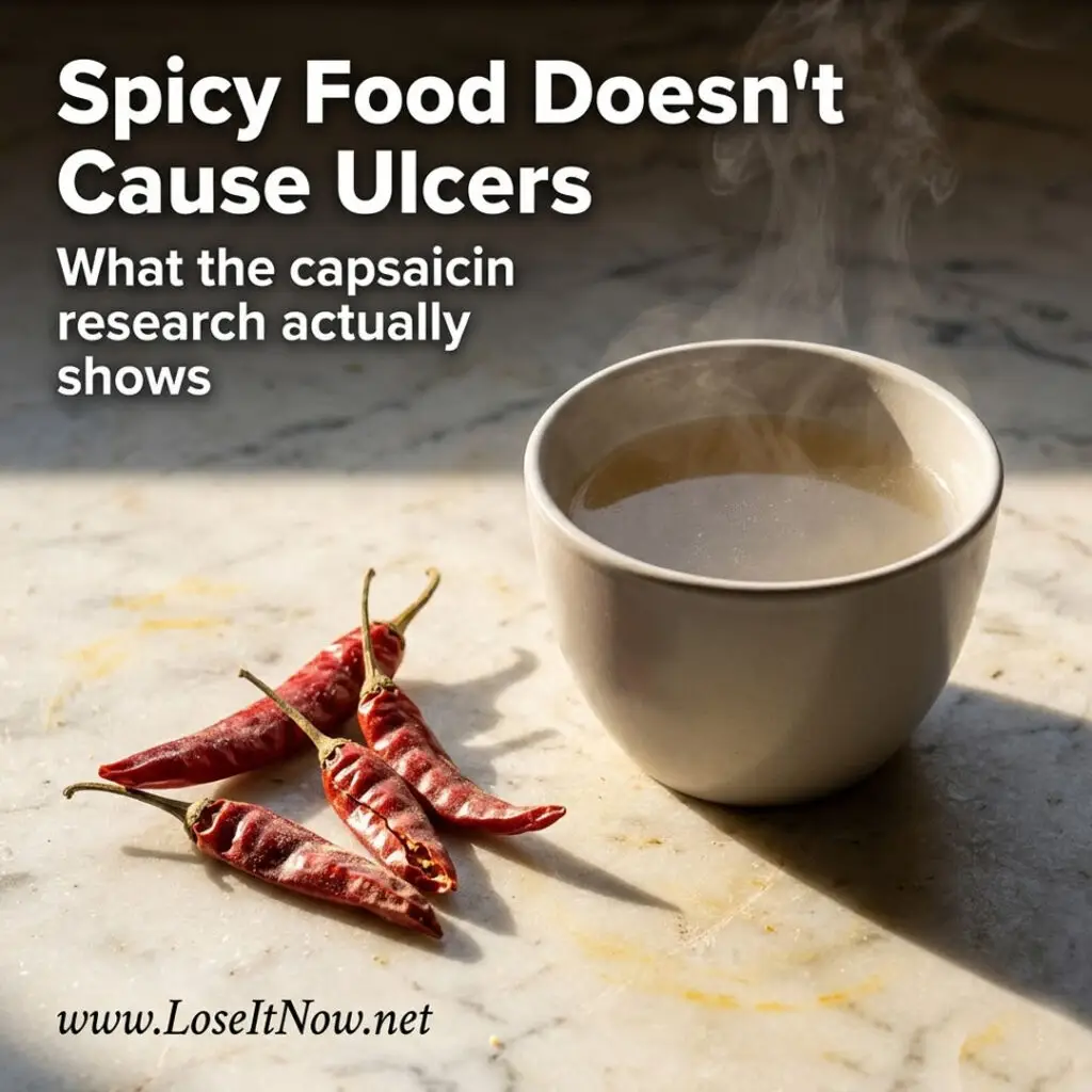 Dried chili peppers beside a cup of plain broth — challenging the myth that spicy food worsens a bland food diet for ulcers, photographed in moody natural light.