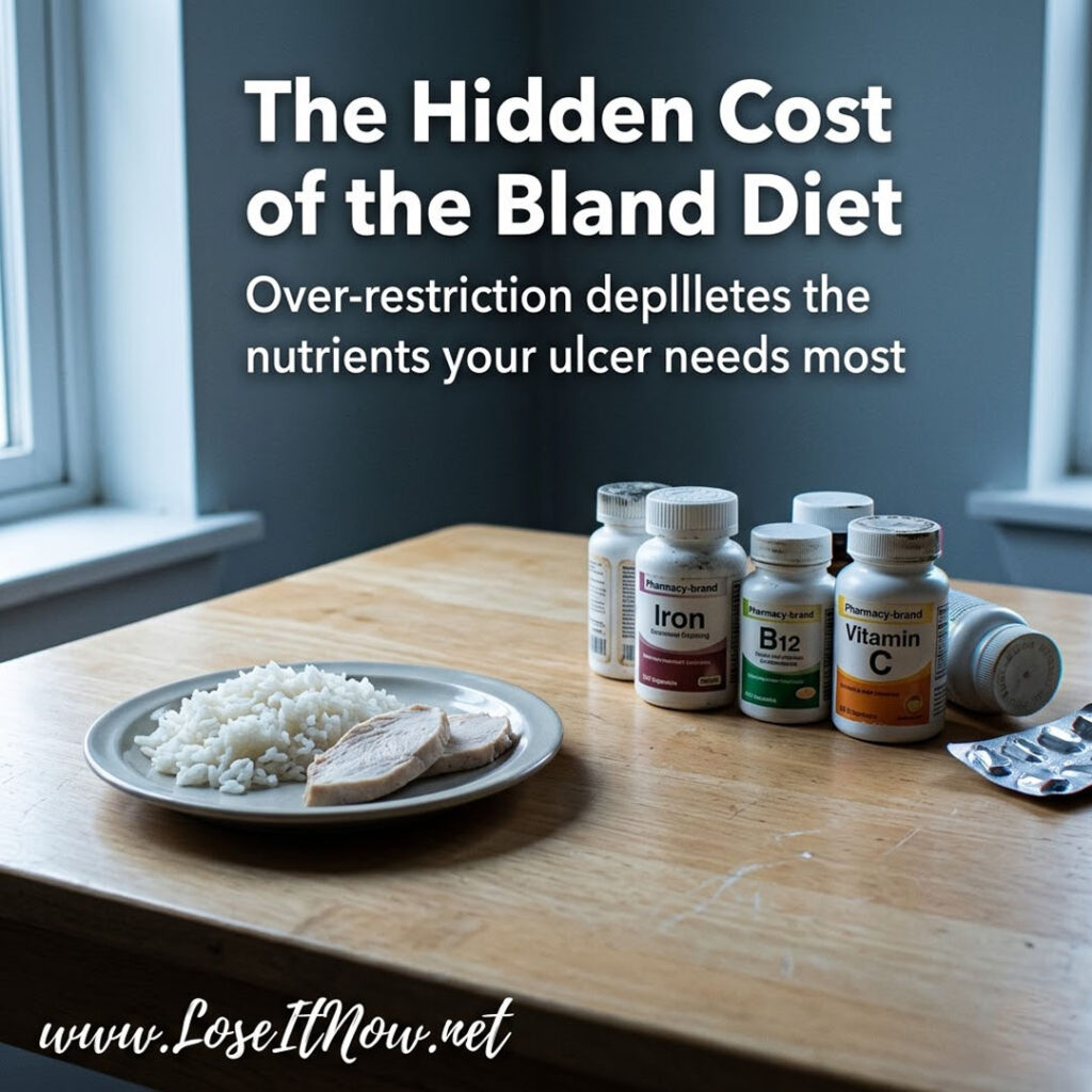 Plain rice and chicken alongside supplement bottles — illustrating nutritional depletion risk when following a bland food diet for ulcers long-term.