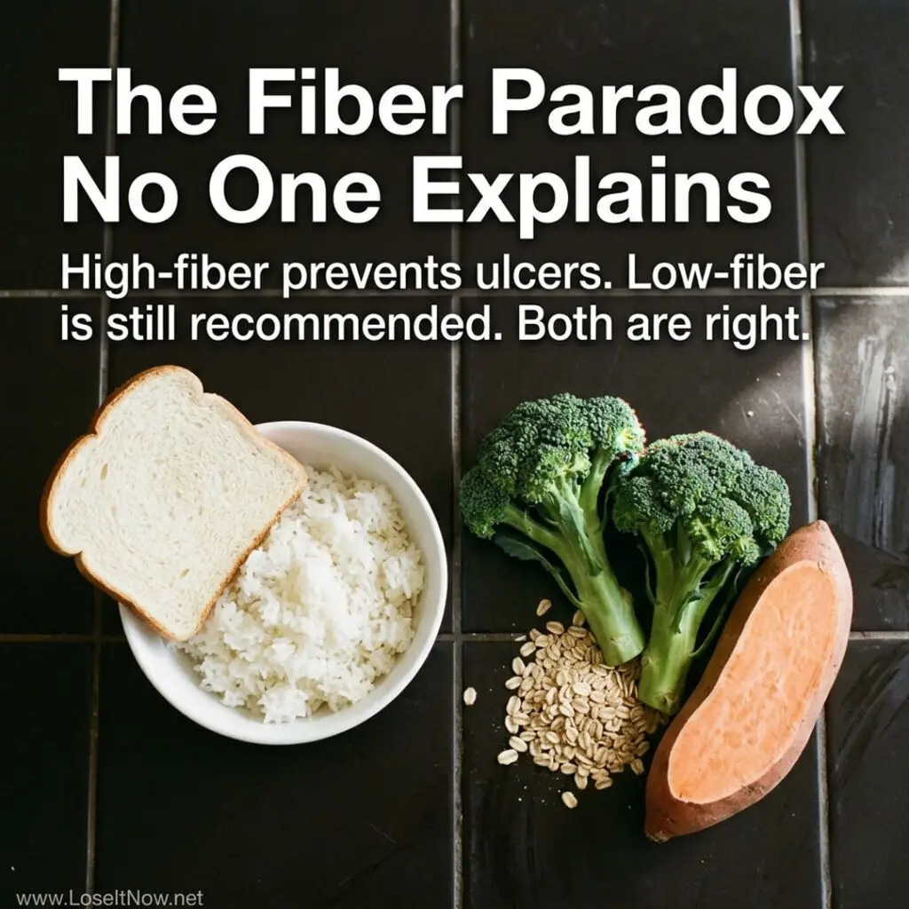 White rice and toast versus broccoli and oats — the dietary fiber paradox in bland food diets for ulcers, shown side by side on dark tile.