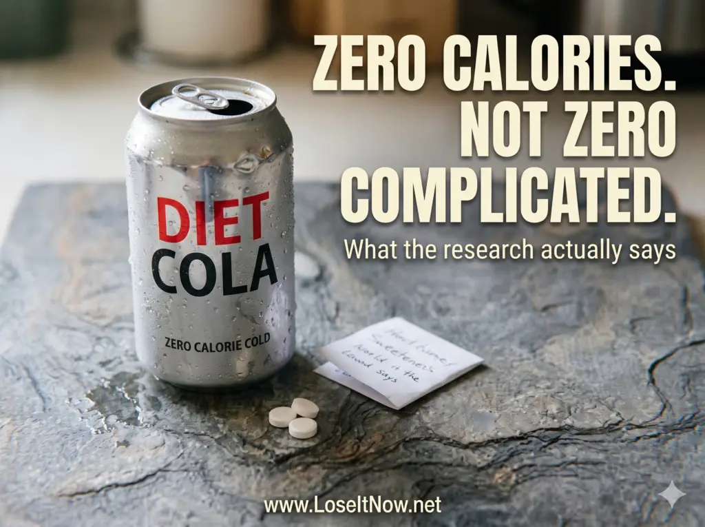A can of diet soda on slate with condensation and sweetener tablets, illustrating the real story behind diet pepsi calories and artificial sweetener research.